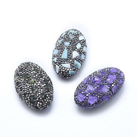 NBEADS Natural Gemstone Beads, Larimar, Amethyst and Peridot, with Polymer Clay Rhinestone, Oval, 45~47x25~27x13.5~16mm, Hole: 1~2mm
