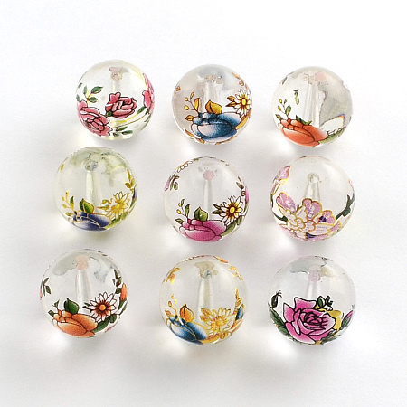NBEADS Flower Picture Transparent Glass Round Beads, Mixed Color, 14x13mm, Hole: 1.5mm