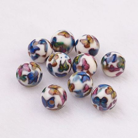 Honeyhandy Spray Painted Resin Beads, with Butterfly Pattern, Round, Colorful, 10mm, Hole: 2mm