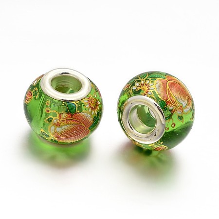 Flower Picture Printed Glass European Beads, Large Hole Rondelle Beads, with Silver Color Plated Brass Cores, Lime Green, 14x11mm, Hole: 5mm