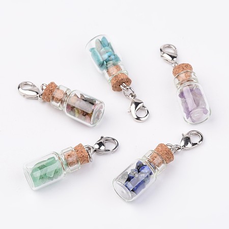 Honeyhandy Glass Bottle Pendants, with Natural & Synthetic Mixed Stone Chip Beads and Brass Lobster Claw Clasps, Platinum, 38mm