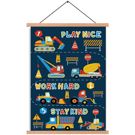 Arricraft Poster Hanger Construction Vehicle Pattern Magnetic Wooden Poster Child Education Hangers Poster with Hanger Canvas Wall Art for Walls Pictures Prints Maps Scrolls 17.3x11in