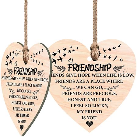 CRASPIRE Wood Friendship Sign Friendship Plaques Gifts 2pcs Wooden Hanging Heart Plaque with Jute Twine for Friends Christmas Ornaments Tags Crafts Birthday Gifts for Wall Door Decor