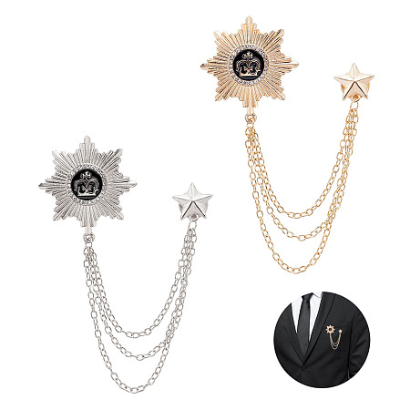 AHANDMAKER 4Pcs 2 Colors Zinc Alloy Star with Crown Hanging Chain Brooch, Tassel Enamel Pin for Jackets Hats Bags, Platinum & Golden, 150mm, 2Pcs/color