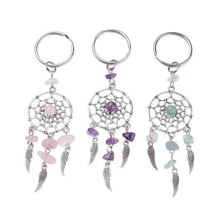 ARRICRAFT 30pcs Mixed Color Dreamcatcher Keychain Keyring Natural Chip Gemstone Feather Key Chain Bag Hanging Ring Ornaments Car Pendant