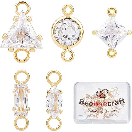 Beebeecraft 20Pcs/Box 5 Styles Cubic Zirconia Links 18K Gold Plated Brass Flat Round Triangle Rectangle Connector Charms for Necklace Bracelet Making