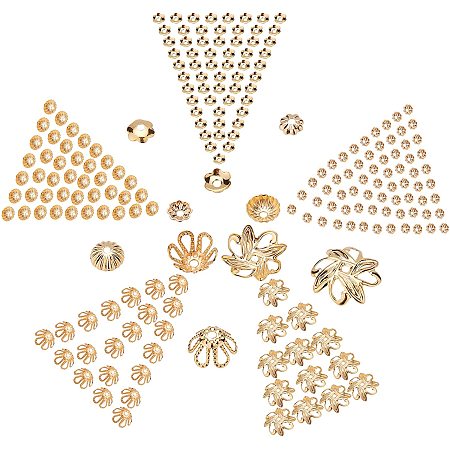 CREATCABIN 1 Box 500pcs 18K Gold Plated Filigree End Caps Flower Bead Caps Tibetan Spacers Bulk Beadcaps for DIY Jewelry Making, 5 Styles