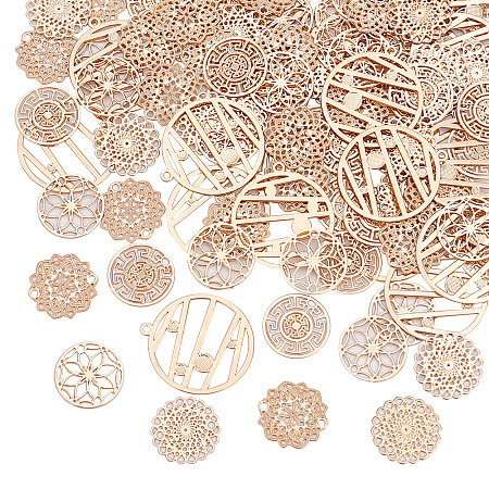 HOBBIESAY 100pcs 5 Style Brass Filigree Connector Charm 13-22mm Round Etched Metal Joiners Links Embellishments Light Gold Hollow Pendants for DIY Hairpin Headwear Earring Necklace, Hole: 1.2mm