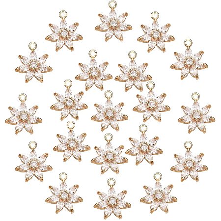 NBEADS 20 Pcs Flower Cubic Zirconia Pendant Charms, Light Gold Daisy Charms Micro Pave Clear CZ Brass Pendant for Jewelry Making
