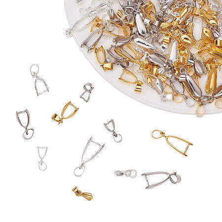 PandaHall Elite 120 Pieces Brass Pinch Clip Bail Clasp Dangle Charm Bead Pendant Connector Findings 12 Styles for Jewelry Making 3 Colors