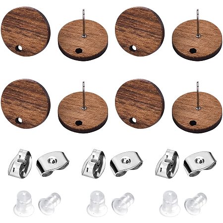 BENECREAT 14 Pairs Wood Post Stud Earrings Mixed Color Flat Round Walnut Earring 15mm with 30pcs 304 Stainless Steel Ear Nuts and 50pcs Silicone Ear Nuts