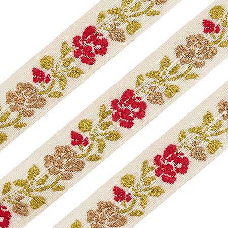FINGERINSPIRE 22 Yards 0.5 inch White Jacquard Cotton Ribbon Trim Grey & Red Rose Floral Embroidery Lace Sewing Trim Ribbon for DIY Craft Wrapping Bow Gift Packaging Costume Accessories Decoration