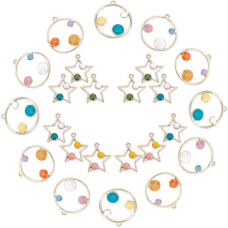 SUNNYCLUE 1 Box 24Pcs 6 Styles Hollow Metal Charms Open Bezel Pendants Gold Plated Enamel Round Ring Star Shape with Colorful Round Beads for Jewelry Making Findings Crafts Supplies