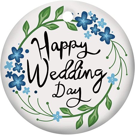 SUPERFINDINGS 1PC Happy Wedding Day Ornament Wedding Hanging Ornament Porcelain Pendants for Home Indoor Outdoor Decor, Double-Sided Printed, Flat Round, Royal Blue, 3inch