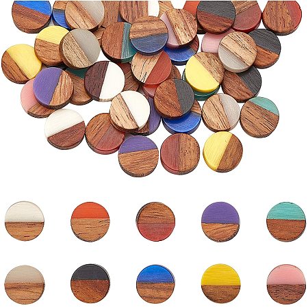 PandaHall Elite 50pcs 10 Colors Resin Wooden Cabochons Bead Without Hole 10mm Flat Round Geometric Rhombus Wood Blanks Vintage Resin Wood Statement for Necklace Earring Jewelry Findings