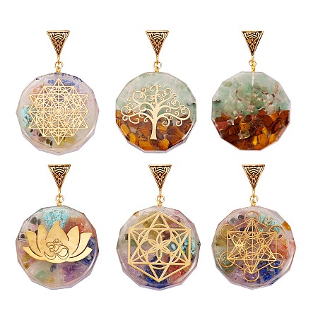 Honeyhandy 5Pcs 5 Style Transparent Epoxy Resin Pendants, with Natural Gemstone Chip and Antique Golden Tone Iron Peg Bail and Foil, with Brass Snap On Bails, Flat Round with Magic Circle & Tree of Life & Flower & Star of David, Colorful, 39.5x35.5x10.5~11.5mm, Hole: 5x9mm, 1pc/style