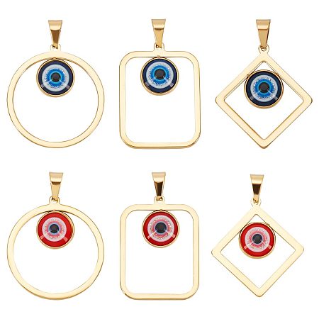 Unicraftale 6Pcs 6 Styles Vacuum Plating Evil Eye 304 Stainless Steel Resin Pendants, with 201 Stainless Steel Snap on Bail, Go lden, Rhombus & Ring & Rectangle, Mixed Shapes, Mixed Color, 36~37.5x28~33.5x4~4.5mm, Hole: 9x4.5mm, 1pc/style