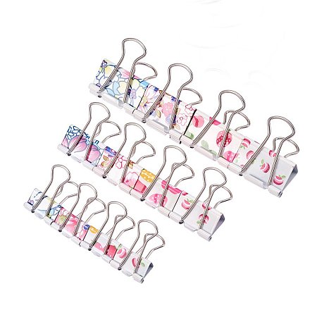 NBEADS 60 PCS Colorful Random Mixed Different Pattern Binder Clips, 3 Assorted Size Metal Binder Clips with a Storage Box for Paper Document, School Office Supplies