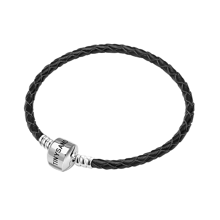 Honeyhandy TINYSAND Rhodium Plated 925 Sterling Silver Braided Leather Bracelet Making, with Platinum Plated European Clasp, Black, 190mm