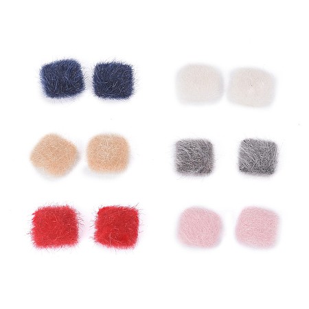 Faux Mink Fur Covered Cabochons, with Silver Color Plated Alloy Findings, Square, Mixed Color, 13x13x5mm; 4pcs/color, 24pcs/set