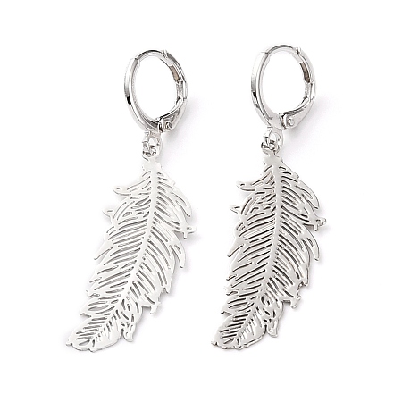 Honeyhandy 304 Stainless Steel Leverback Earrings, with Brass Feather Pendants, Platinum & Stainless Steel Color, 1-7/8 inch(47mm), Pin: 0.8mm