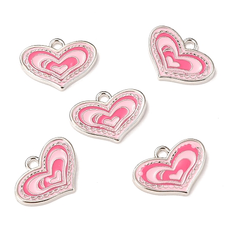 Honeyhandy Pink Alloy Enamel Heart Charm Pendants Great for Mother's Day Gifts Making, Platinum, about 14.5mm wide, 19.5mm long, 2mm thick, hole: 2.5mm
