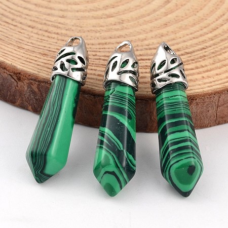 Honeyhandy Bullet Malachite Pendants, with Platinum Plated Alloy Findings, 33~40x8~10mm, Hole: 3x2mm