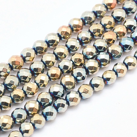 Arricraft Electroplate Non-magnetic Synthetic Hematite Beads Strands, Faceted, Round, Rainbow Plated, 4mm, Hole: 1mm; about 95pcs/strand, 15 inches(38cm)