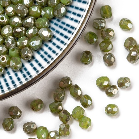 NBEADS Czech Fire Polished Glass Beads, Faceted, Drum, Lime, 4x4mm, Hole: 0.8mm; about 115pcs/10g