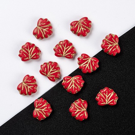 NBEADS Czech Glass Beads, Maple Leaf, Red, 10.5x13x4mm, Hole: 0.8mm; about 11pcs/10g