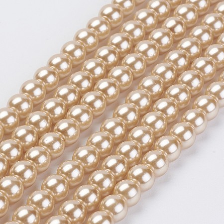 Environmental Glass Pearl Bead Strands, Round, Dyed, Cotton Cord Threaded, Wheat, 6mm, Hole: 1.2~1.5mm; about 70pcs/strand, 15.7 inches