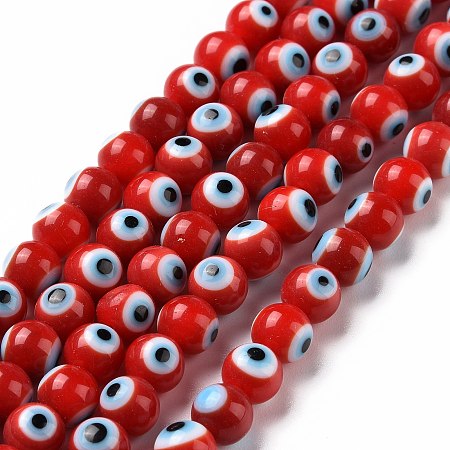Honeyhandy Handmade Evil Eye Lampwork Round Bead Strands, Red, 6mm, Hole: 1mm, about 64pcs/Strand, 14.57 inch(37cm)