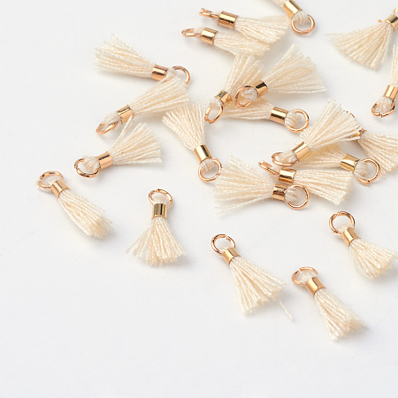 Honeyhandy Polycotton(Polyester Cotton) Tassel Pendant Decorations, with Unwelded Iron Jump Rings, Golden, PapayaWhip, 10~16x2mm, Hole: 1.5mm