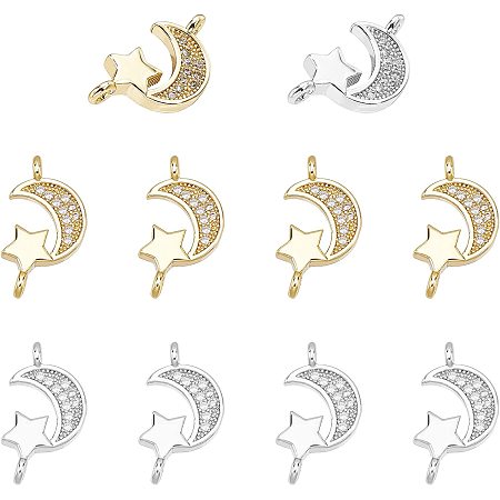 CHGCRAFT 10Pcs Brass Cubic Zirconia lunar stars Charms Connectors Links Gold Silver lunar stars Pendant Link with Double Loops for DIY Bracelet Earring Necklace Keychain Jewelry Crafts Making