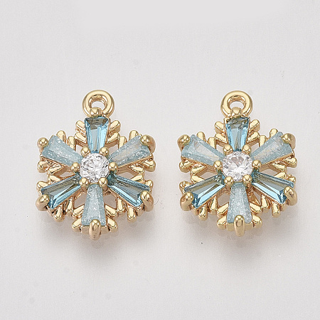 Honeyhandy Brass Cubic Zirconia Charms, Snowflake, Pale Turquoise & Clear, Nickel Free, Real 18K Gold Plated, 13x11x3mm, Hole: 1mm