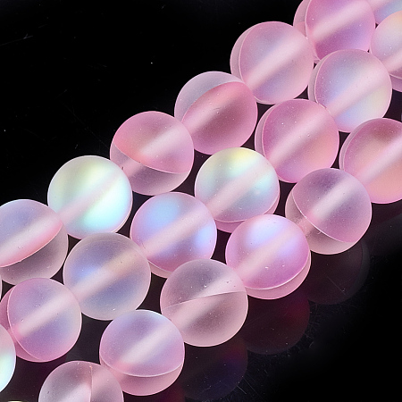 ARRICRAFT Synthetic Moonstone Beads Strands, Holographic Beads, Dyed, Frosted, Round, Pink, 8mm, Hole: 0.7mm, 50pcs/strand, 15.7 inches