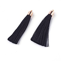 Honeyhandy Polyester Tassel Big Pendant Decorations, with Alloy Finding, Golden, Black, 58~65x7~25mm, Hole: 1.5mm
