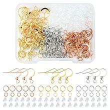 Honeyhandy 36Pcs 3 Style 316 Surgical Stainless Steel Earring Hooks, with Horizontal Loops & 120Pcs 304 Stainless Steel Jump Rings & 100Pcs Plastic Ear Nuts, Mixed Color, 16x16~19.5x3mm, Hole: 2mm, Pin: 0.6~0.7mm, 12Pcs/style