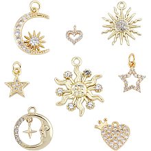 PandaHall Elite 8pcs Golden Rhinstone Charms 8 Styles Moon Star Heart Shiny Dainty Charms Cubic Zirconia Charms for Choker Earring Necklace Christmas DIY Valentine's Day Gift, 8.5~24.5mm/0.3~0.9"