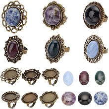 SUNNYCLUE 6Pcs Cabochon Ring Kit Cabochon Setting Ring Oval Stone Cabochons Healing Energy Stones Amethyst White Jade Vintage Style Oval Ring Blank Bezel Finger Ring Blanks for Jewelry Making Kits