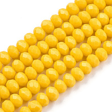 Honeyhandy Opaque Solid Color Glass Beads Strands, Faceted, Rondelle, Gold, 4x3mm, Hole: 0.4mm, about 123~127pcs/strand, 16.5~16.9 inch(42~43cm)