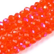 Honeyhandy Electroplate Glass Beads Strands, Half Rainbow Plated, Faceted, Rondelle, Orange Red, 4x3mm, Hole: 0.4mm, about 113~115pcs/strand, 41~42cm