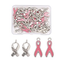 Honeyhandy 50Pcs 2 Styles Alloy Enamel Pendants, Platinum Plated October Breast Cancer Pink Awareness Ribbon & Antique Silver Plated Awareness  Ribbon with Word Hope, 19x8x1mm & 19x8x3mm, Hole: 2mm, 25Pcs/Style