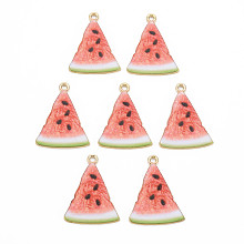 Light Gold Alloy Enamel Pendants, Cadmium Free & Nickel Free & Lead Free, Watermelon Slice, Tomato, 28x21.5x2mm, Hole: 1.8mm