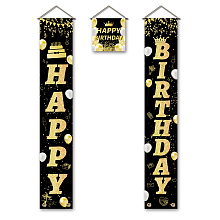 SUPERDANT Happy Birthday Porch Banners Black and Gold Hanging Birthday Porch Sign Happy Birthday Yard Signs Welcome Banner Hanging Flag Couplet Door Union Hanging Flag for Happy Birthday Party