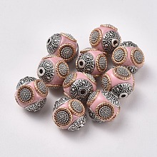 Honeyhandy Handmade Indonesia Beads, with Alloy Cores, Round, Antique Silver & Light Gold, Pink, 14~16x14~16mm, Hole: 1.5mm