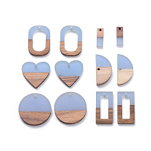 Honeyhandy Resin & Walnut Wood Pendants, Flat Round & Oval & Rectangle & Half Round & Heart, Cornflower Blue, 12pcs/set