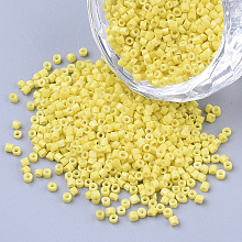 ARRICRAFT Glass Bugle Beads, Seed Beads, Baking Paint, Round Hole, Yellow, 1.5~2x1~2mm, Hole: 0.8mm, about 8000pcs/bag, about 100g/bag