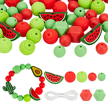 CHGCRAFT 72Pcs 7Styles Silicone Beads Hexagon Round Watermelon Honeycomb Silicone Loose Beads with 4.37Yards Nylon Thread for Pens Bracelet Keychain Making, Red and Green, 12~30mm