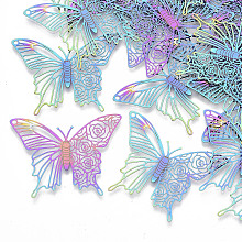 Nbeads  201 Stainless Steel Filigree Pendants, Etched Metal Embellishments, Butterfly, Multi-color, 31x40x0.3mm, Hole: 1.4mm